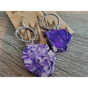 Purple & Silver Rope Circle Natural Stone Dangle Drop Statement Earrings